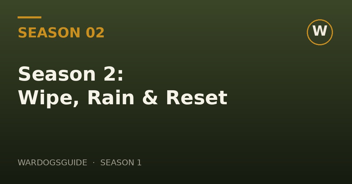 Rain-soaked WARDOGS battlefield under dark storm clouds, Season 02 theme
